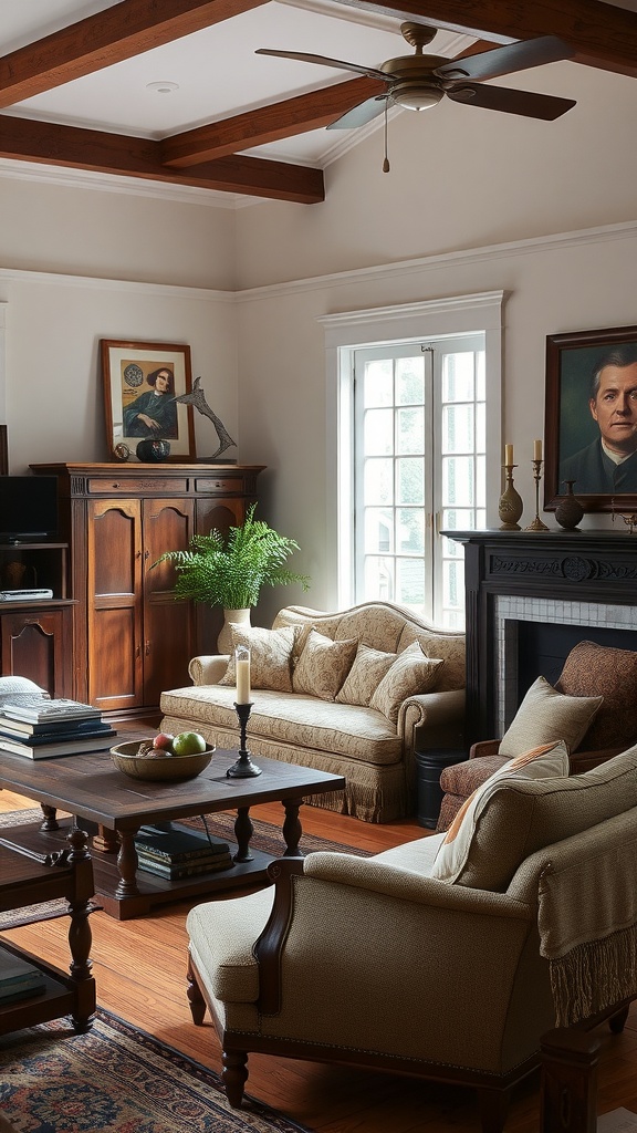 A cozy colonial-style living room featuring wooden furniture, plush seating, and decorative accents.