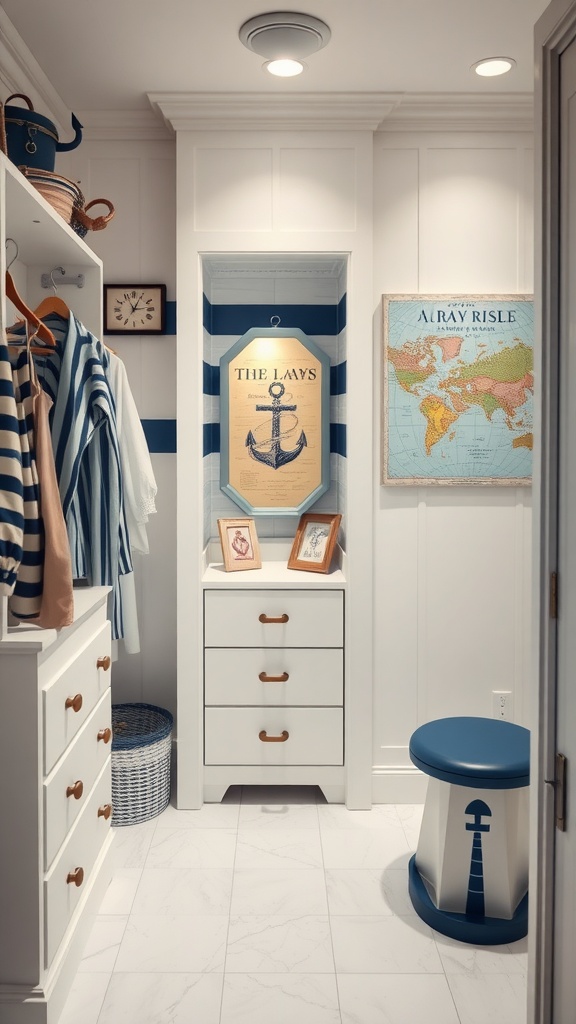 A charming nautical-themed dressing room featuring striped clothing, a map, and nautical decor.