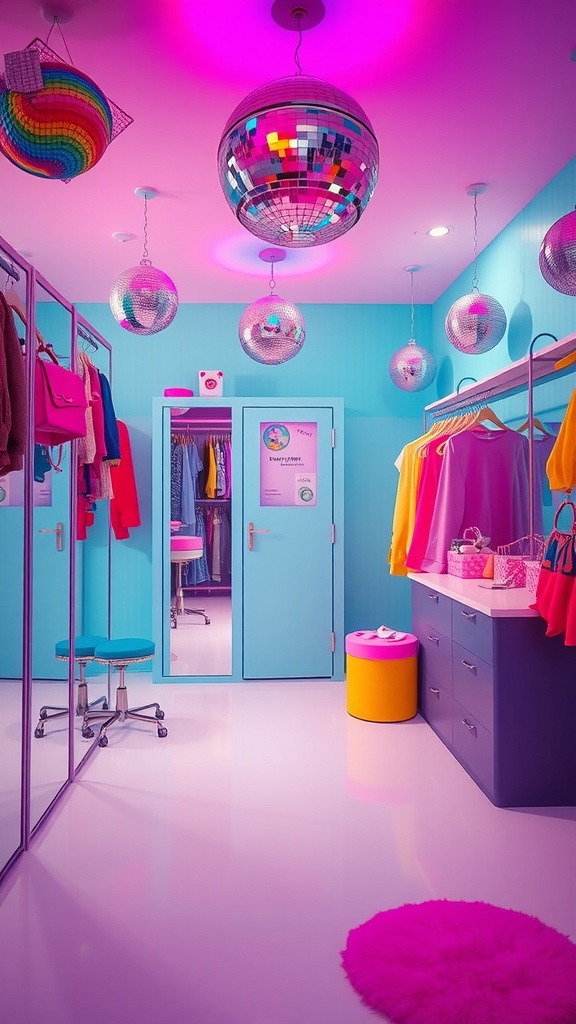 Chic 70s disco dressing room with colorful decor and disco balls.