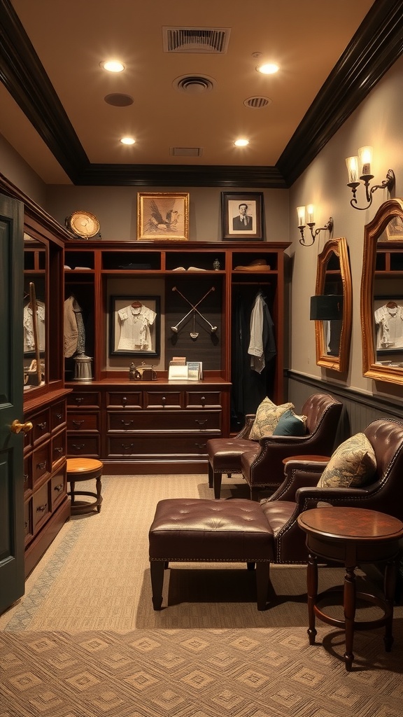A vintage dressing room with wooden furniture, cozy chairs, and warm lighting, reflecting a chic country club atmosphere.
