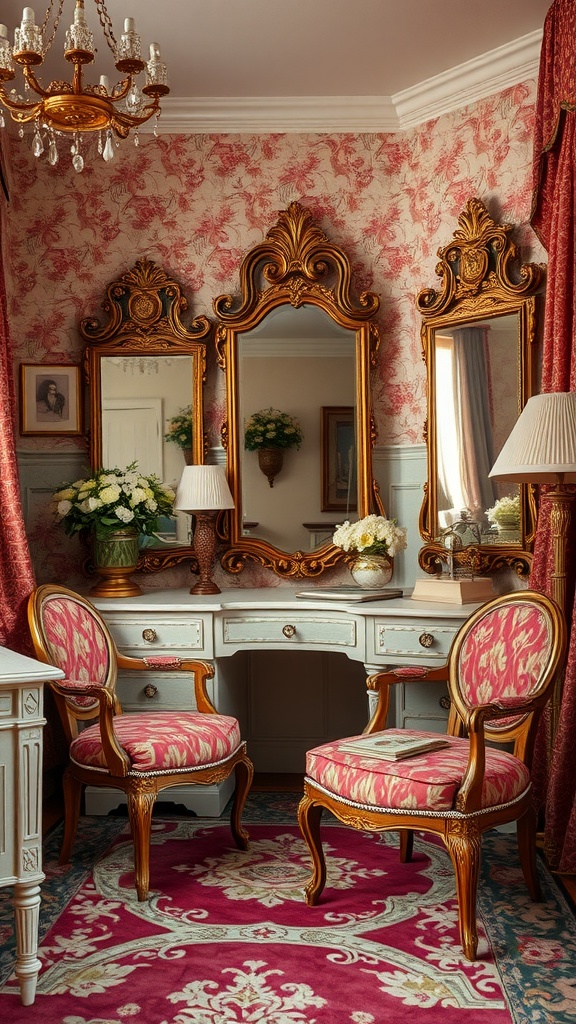 A vintage dressing room featuring ornate mirrors, a stylish vanity, and elegant chairs.
