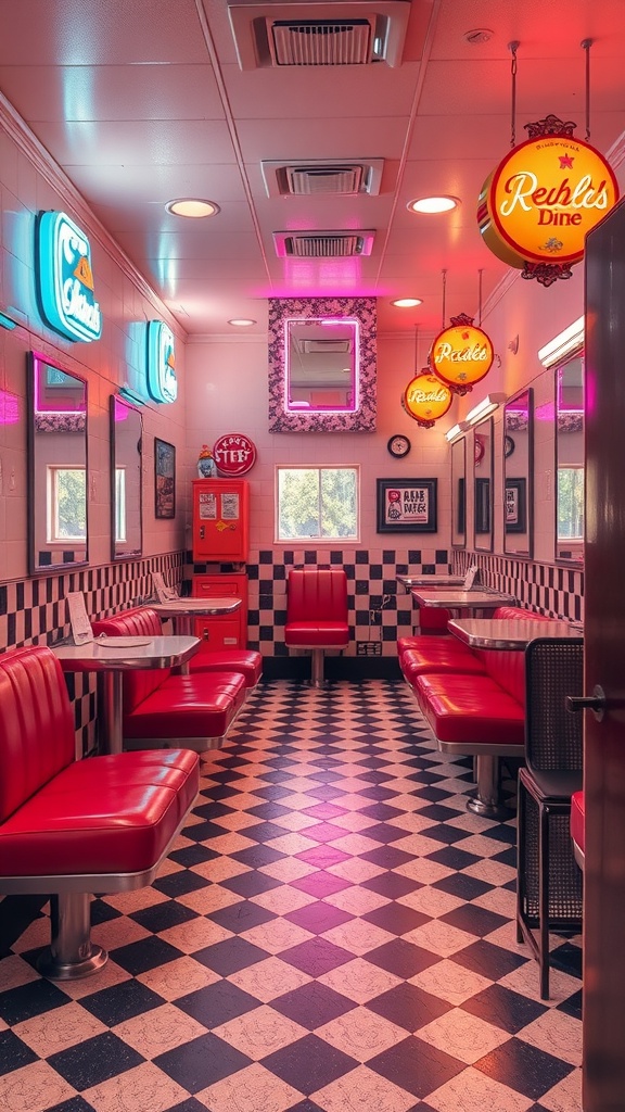 A vintage diner interior with red booths, checkerboard floors, and neon signs.