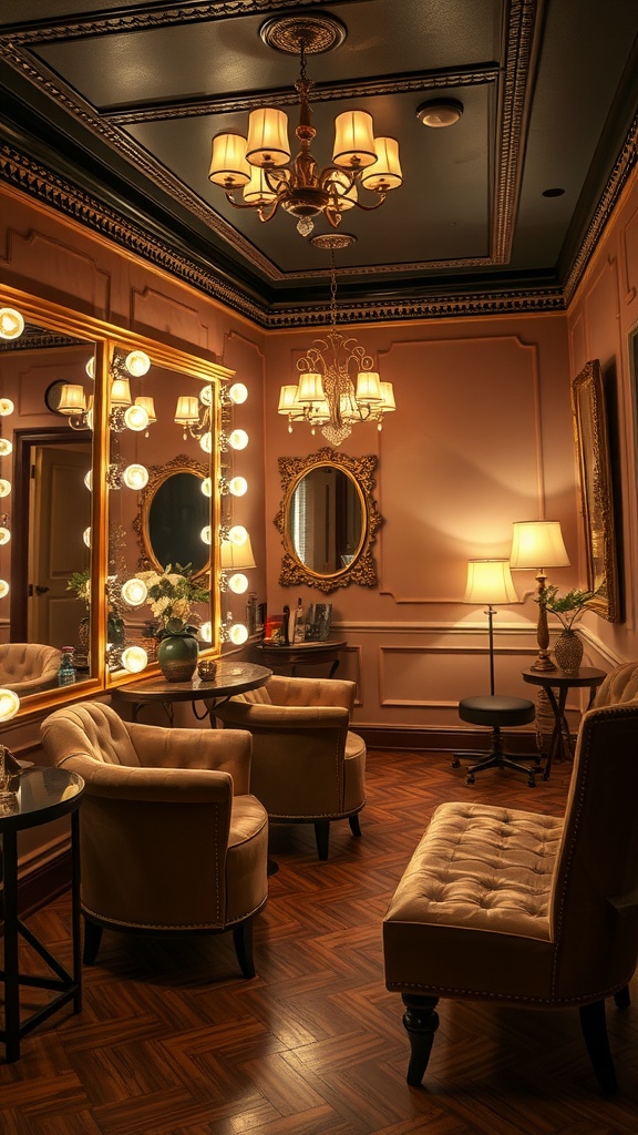 Vintage dressing room with elegant decor and warm lighting.