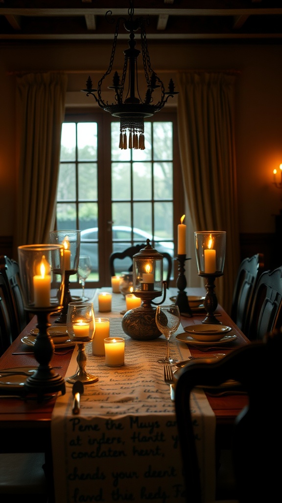 A colonial dining table set with candles, lanterns, and a wrought iron chandelier.