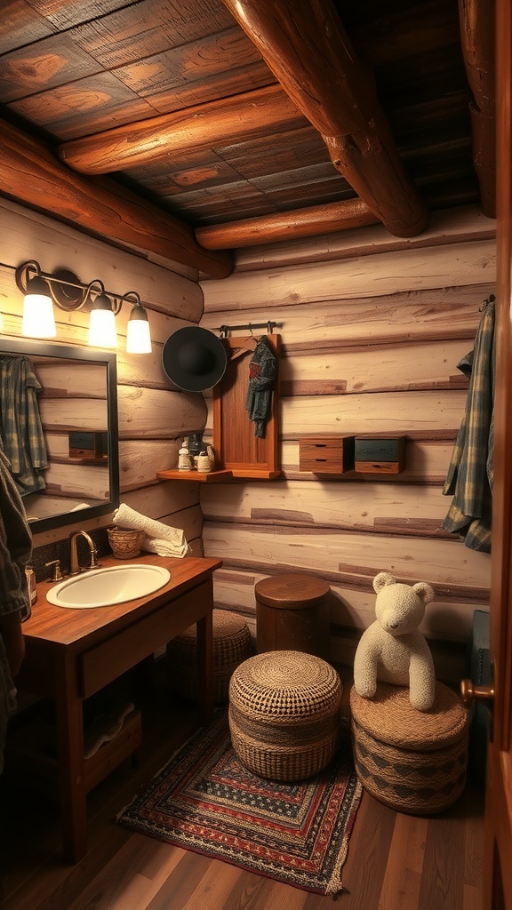 A cozy cabin dressing room featuring wooden walls, a mirror, and a playful teddy bear.