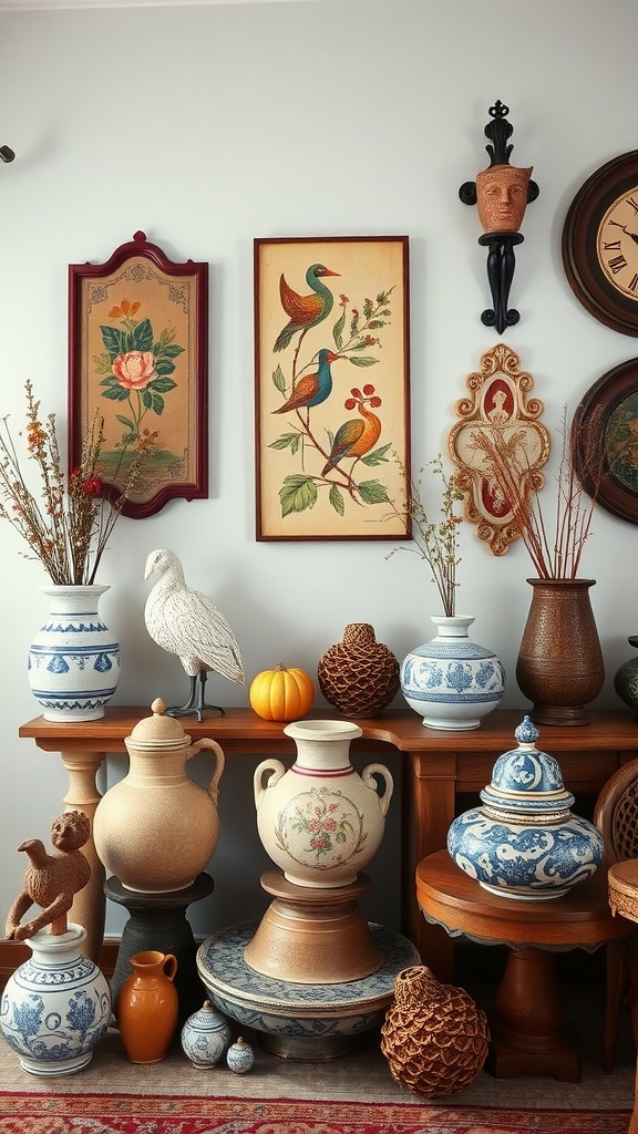 A collection of decorative items including pottery, wall art, and a vintage clock in a colonial home.