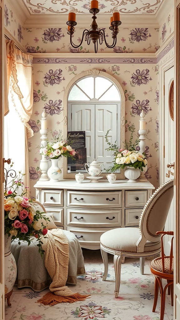 A vintage dressing room with floral wallpaper, a mirror, a dresser, and elegant decor.