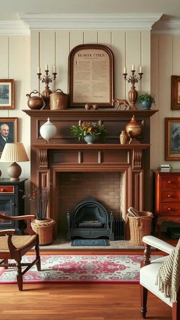 A beautifully decorated colonial-style fireplace with candles, pots, and artwork above it.