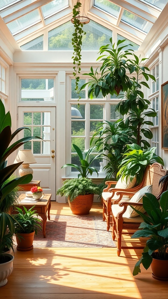 A bright and inviting sunroom filled with green plants, cozy seating, and natural light.