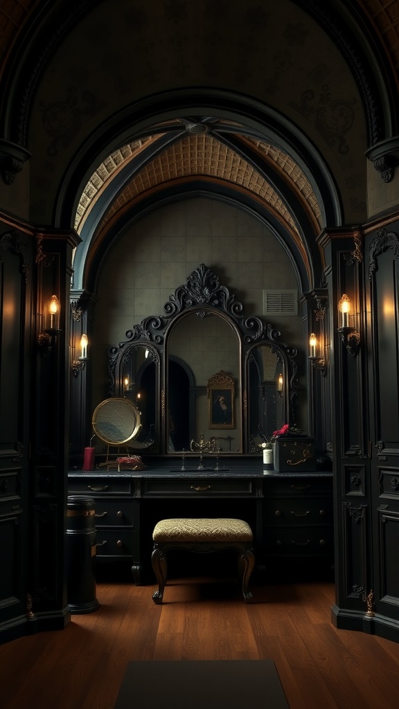A vintage dressing room with Gothic Revival aesthetics featuring dark colors, ornate mirrors, and elegant lighting.