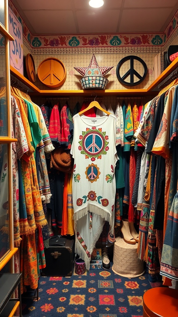 A colorful hippie chic dressing corner filled with vintage clothes, peace signs, and a cozy atmosphere.