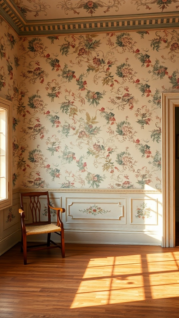 A room with floral wallpaper and wooden chair, showcasing colonial interior design.