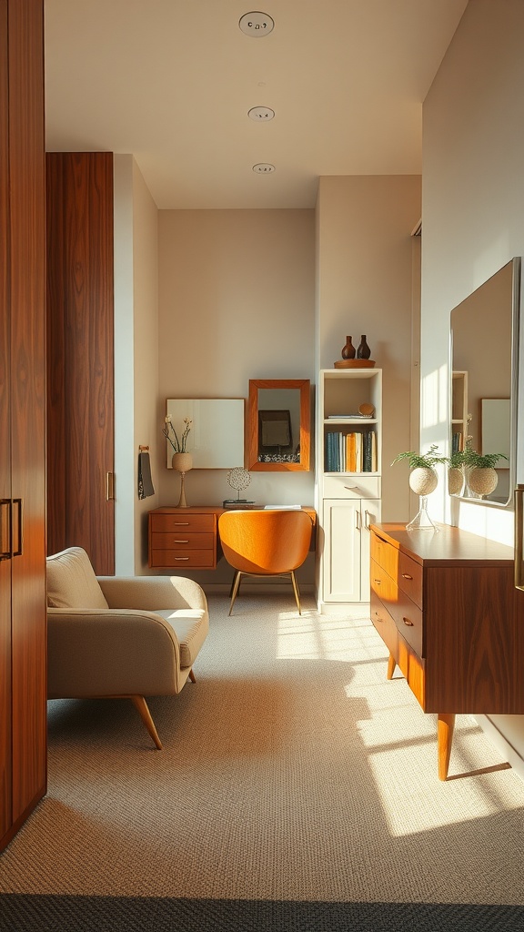 A stylish mid-century modern dressing room with warm wooden furniture and cozy seating.
