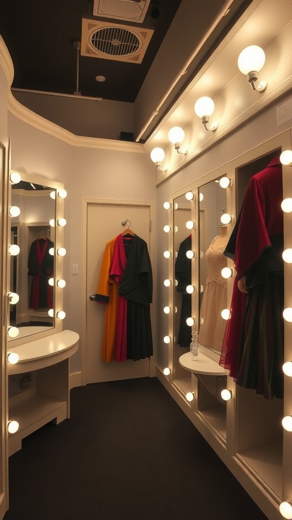 A vintage dressing room with bright lights, mirrors, and colorful costumes.