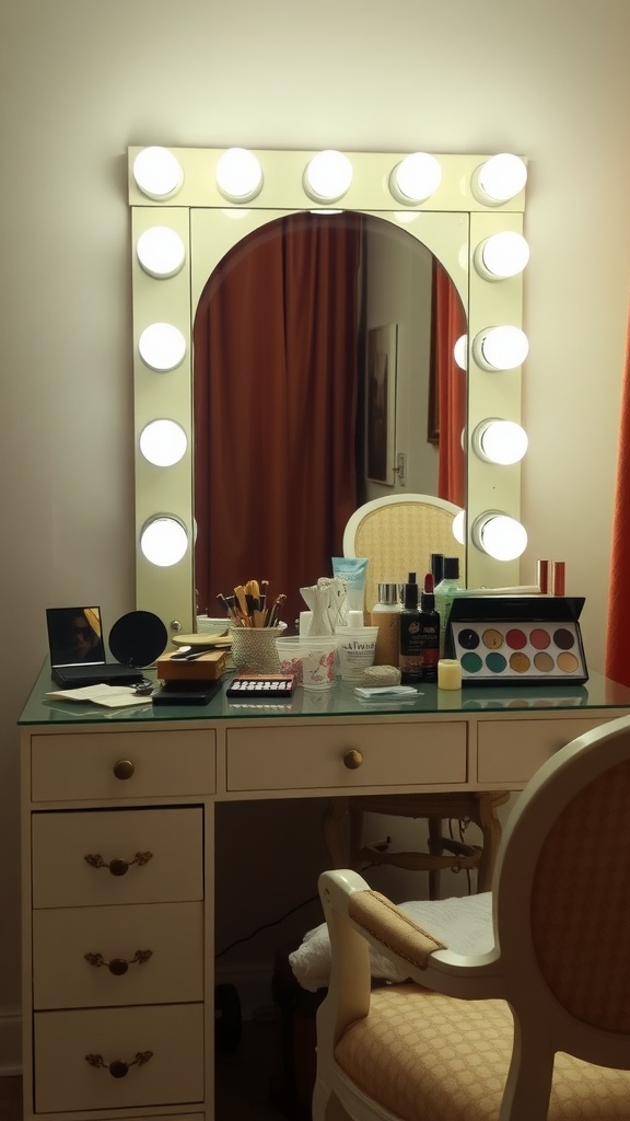 A vintage dressing table with a large mirror and bright lights.