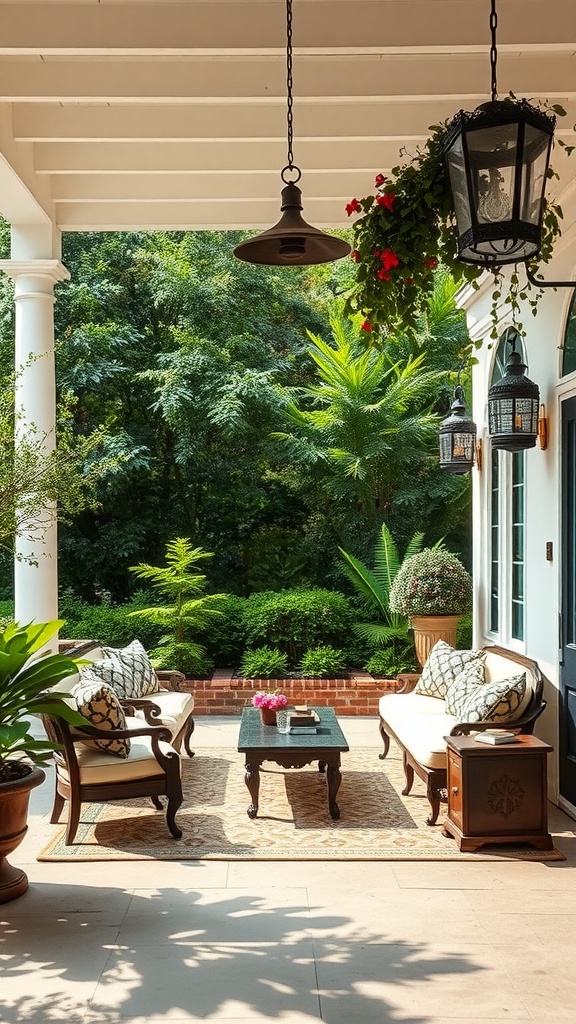 Charming outdoor seating area with plants and cozy furniture