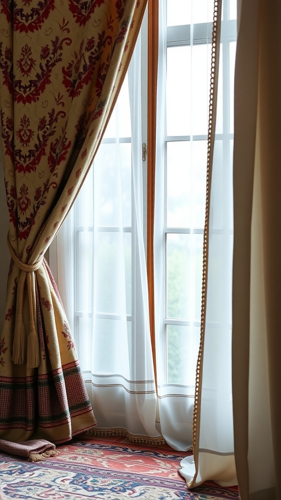 Colonial interior window with patterned drapes and a colorful rug.