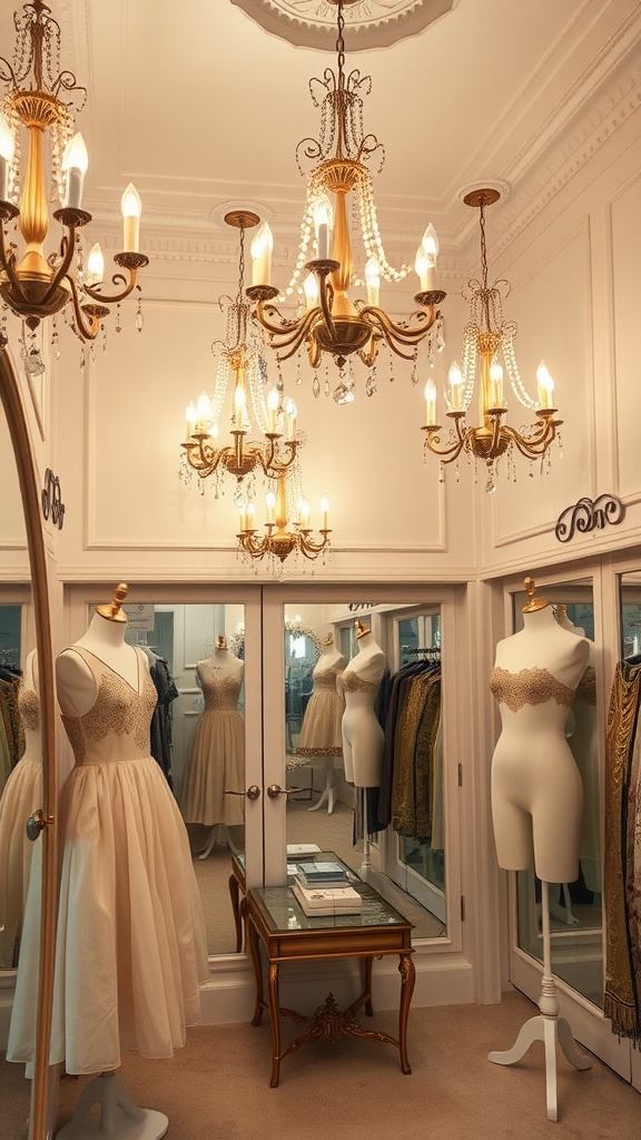 A vintage dressing room with chandeliers and elegant decor.