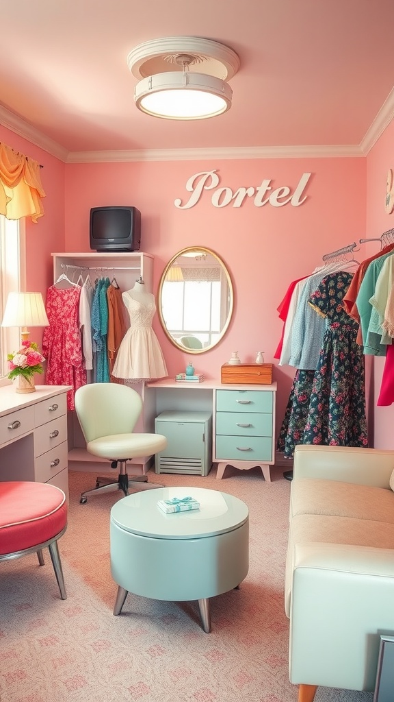 A vintage dressing room showcasing a 1950s glam style with pastel colors and retro decor.