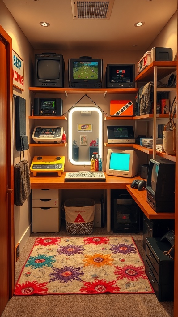 A cozy retro gaming lounge featuring vintage televisions, classic game consoles, and a colorful rug.