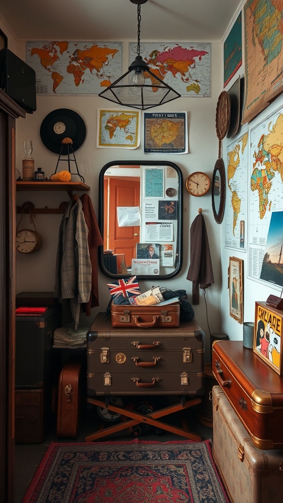 A vintage dressing room with maps on the walls, suitcases, and retro decor.