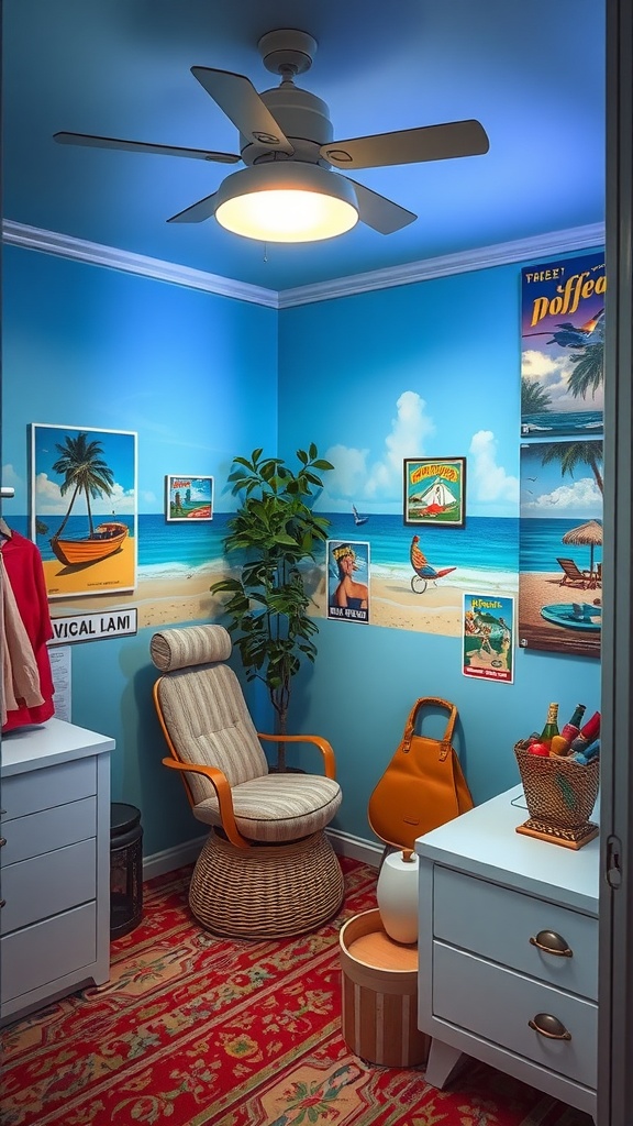 A cozy vintage dressing room with blue walls, tropical posters, a comfortable chair, and bright decor.