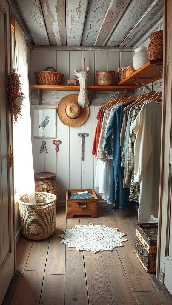 A cozy dressing room with wooden shelves, woven baskets, and clothing hanging.