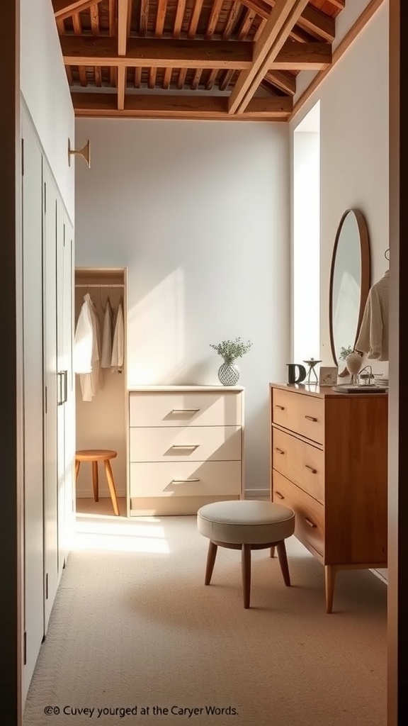 A minimalist vintage dressing room with wooden furniture, a round mirror, and natural light.