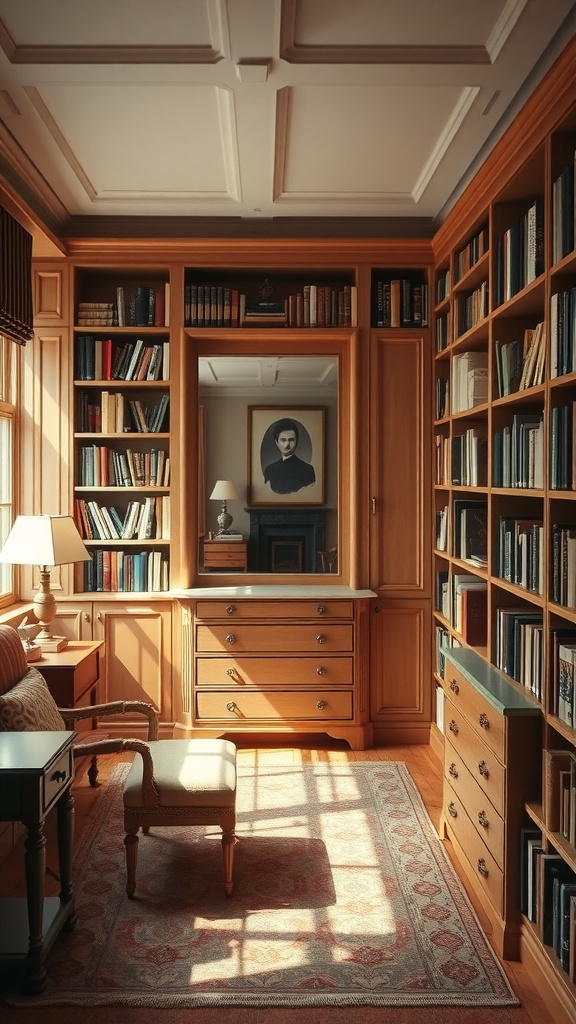 A cozy library dressing room with wooden shelves filled with books, a comfortable chair, and warm lighting.
