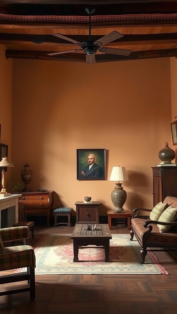 A cozy colonial interior with warm earthy tones, featuring a wooden table, a vintage portrait, and comfortable seating.