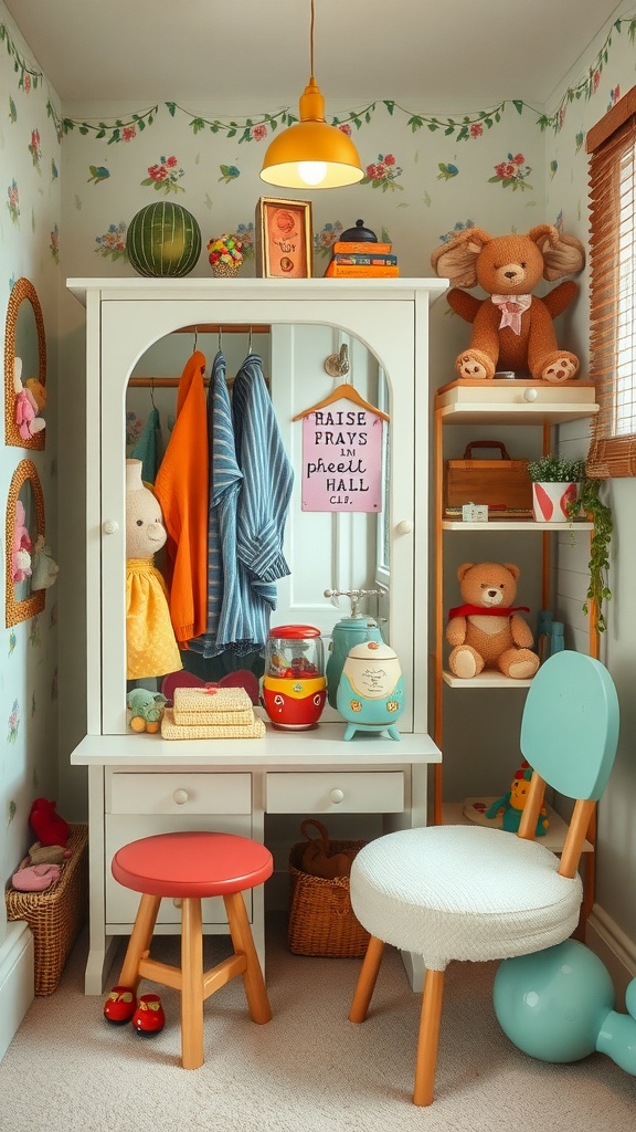 A cozy vintage children's playroom featuring a small vanity, colorful decor, and plush toys.