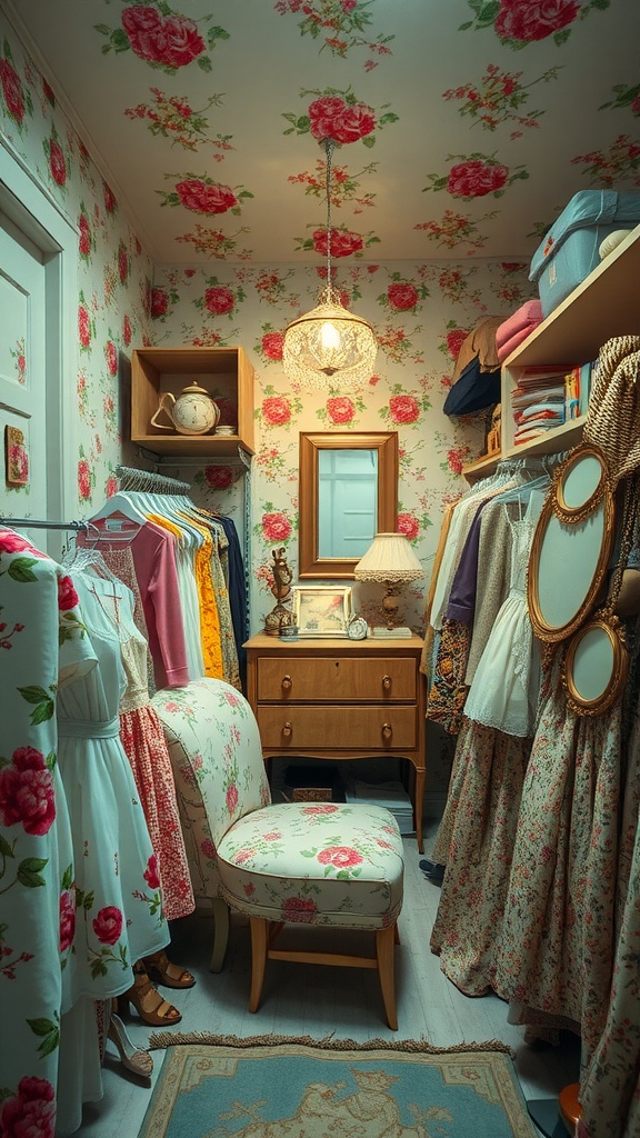 A vintage dressing room with floral wallpaper and a cozy chair.