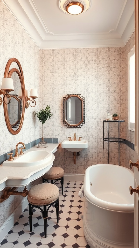 A vintage bathroom suite featuring classic fixtures, elegant mirrors, and a comfortable atmosphere.