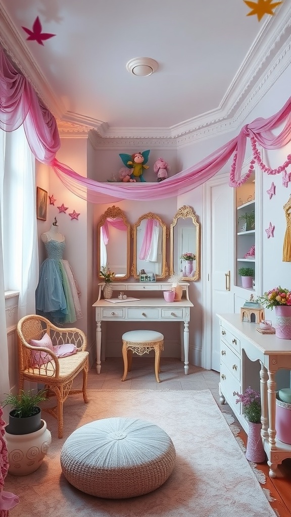 A whimsical vintage dressing room with pink drapes, mirrors, and playful decor.