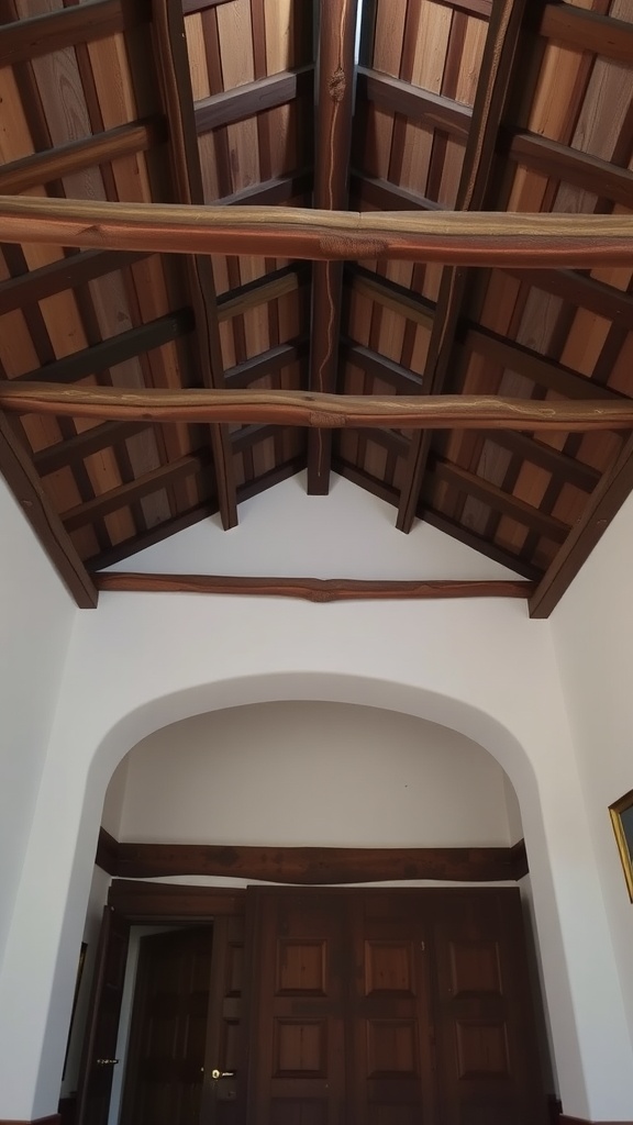 Interior view featuring wooden beams and a high ceiling with arched doorway