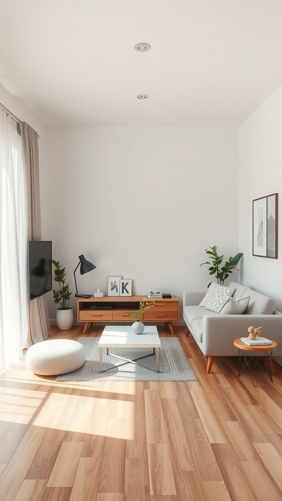 A bright and minimalist small living room with a light color scheme, simple furniture, and some plants.