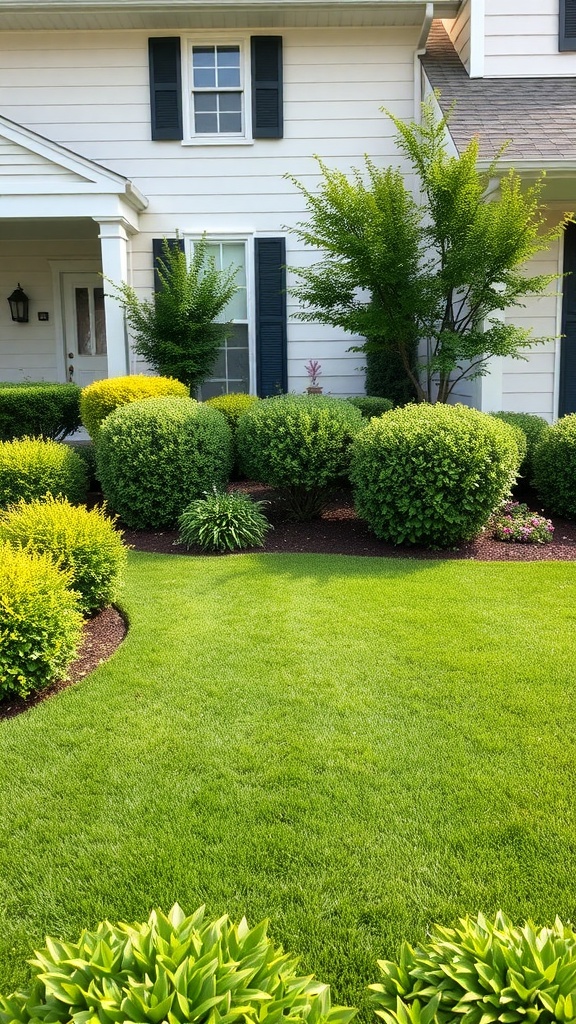 Beautiful front yard with lush green artificial turf and well-maintained bushes.