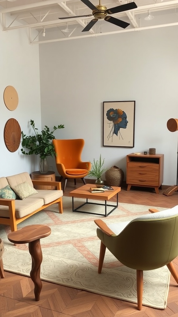 A stylish living room featuring artisan craftsmanship in furniture, with vibrant orange chairs, a wooden coffee table, and decorative artwork.