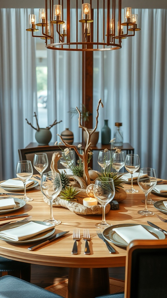 A boho chic dining room with a natural centerpiece featuring gourds and twigs.