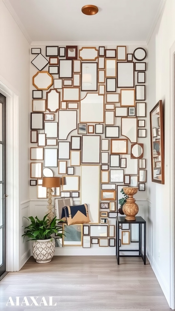 A wall with an artistic arrangement of various small mirrors in different shapes and frames.