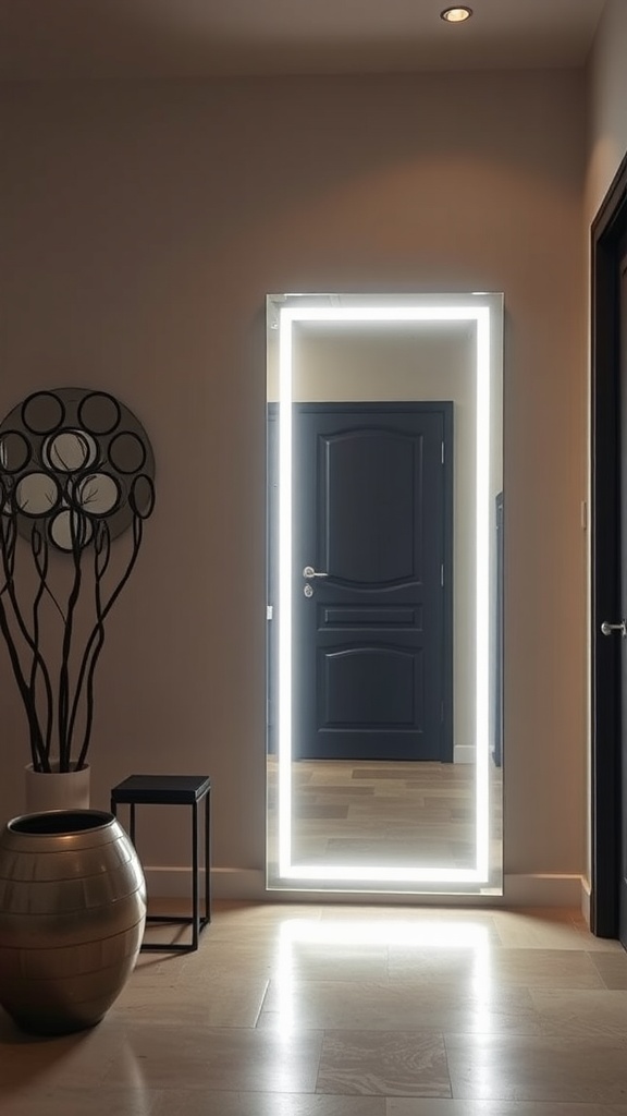 A modern entryway featuring a backlit LED mirror, sleek furniture, and minimal decor.