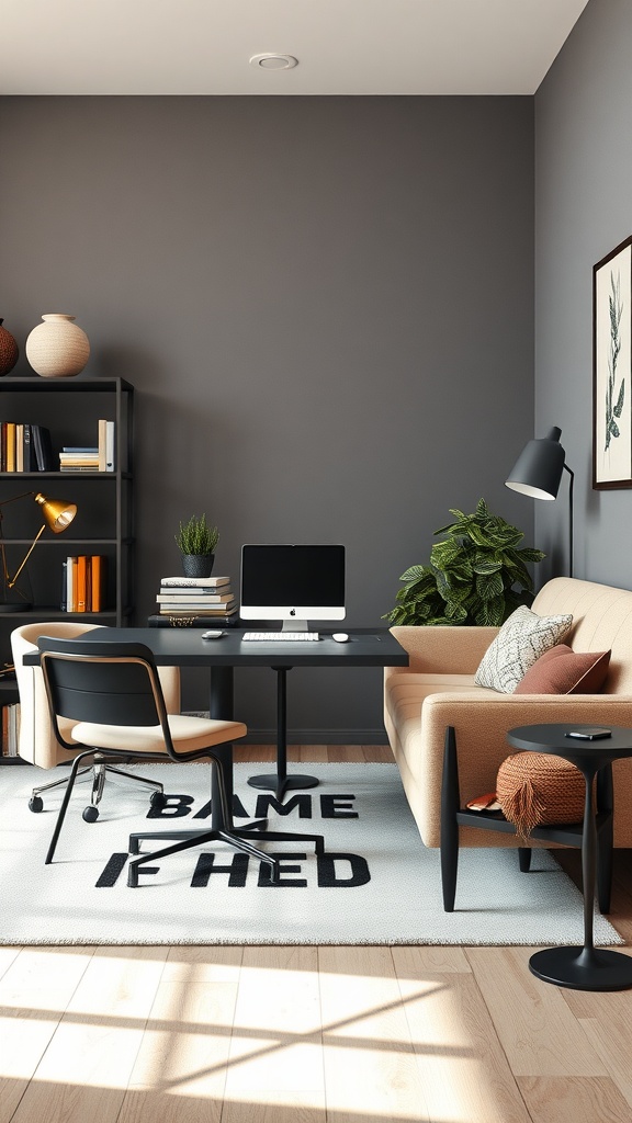 A cozy home office featuring a couch, desk, and plants.