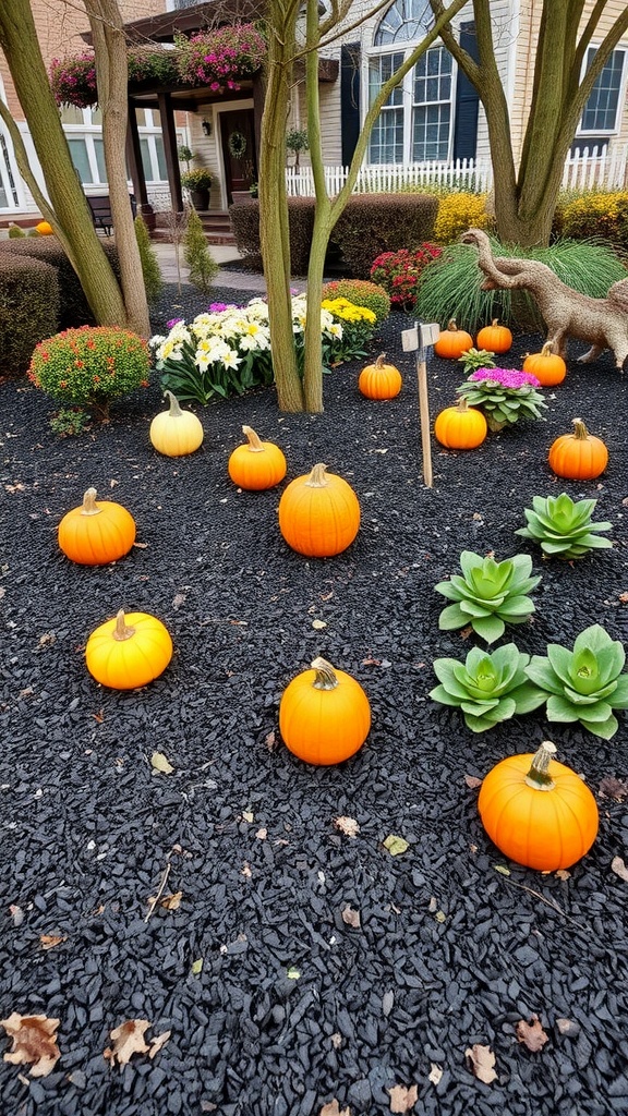 A landscaped garden featuring black mulch with orange pumpkins and colorful flowers.