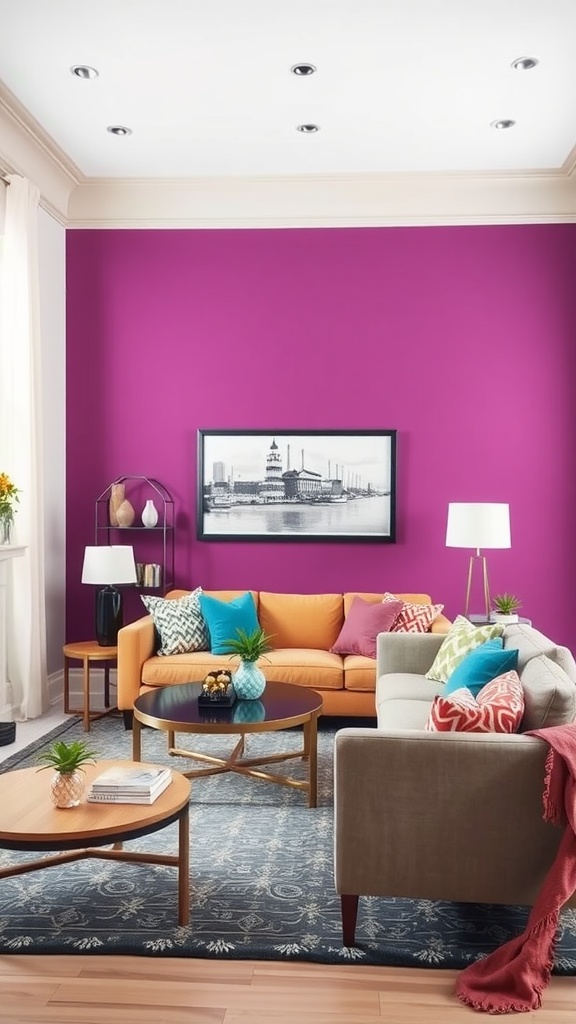 A vibrant living room with a bold purple accent wall, an orange sofa, and colorful cushions.