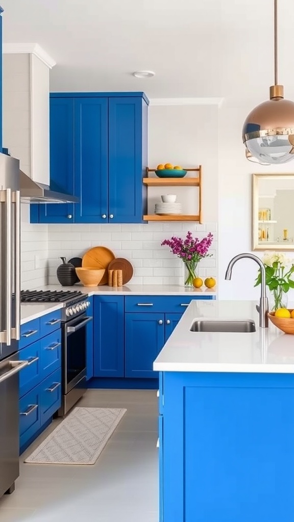 Modern kitchen with bold blue cabinets and a sleek design.