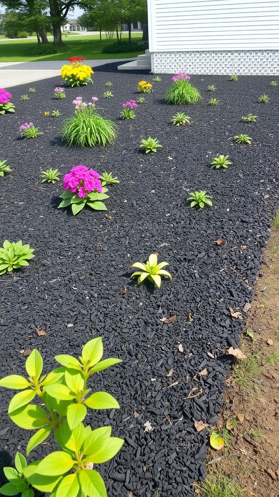 A garden bed bordered with black mulch featuring colorful flowers and plants.