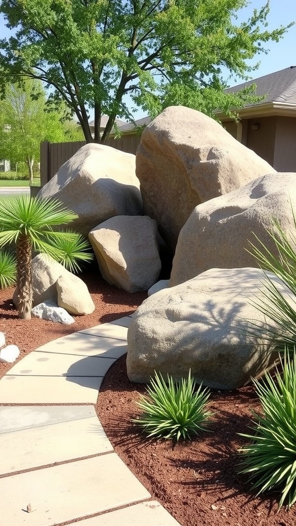 A front yard featuring large boulders, a winding stone path, and low-maintenance plants.