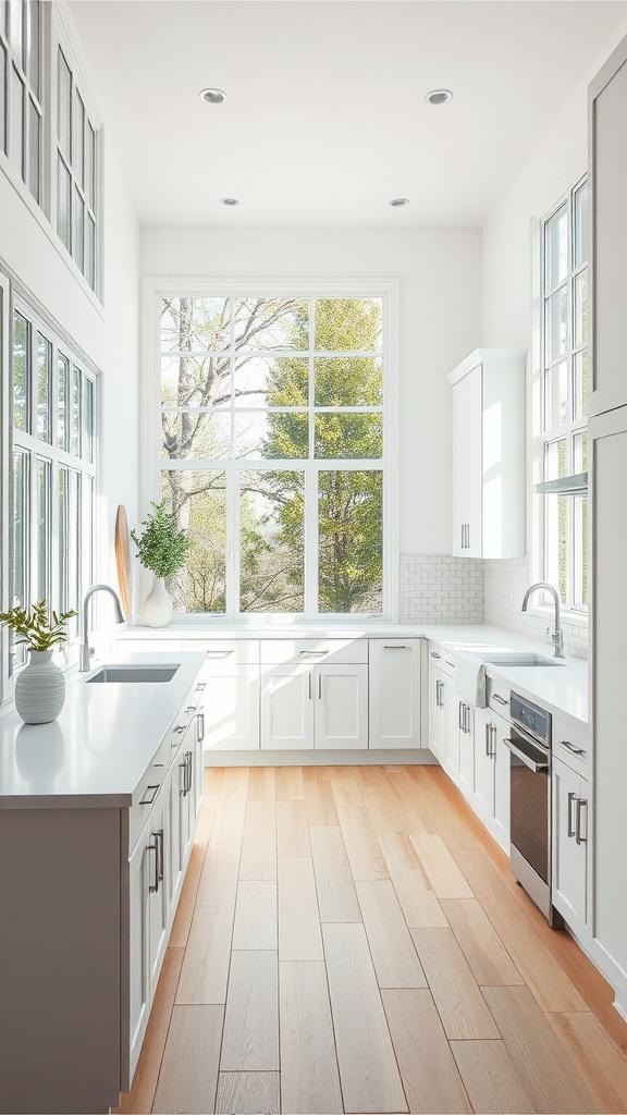 A modern kitchen with large windows, white cabinets, and light wood flooring.