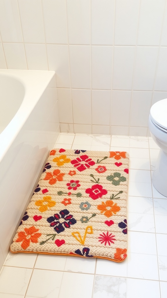 Colorful floral bath mat on bathroom floor next to bathtub and toilet