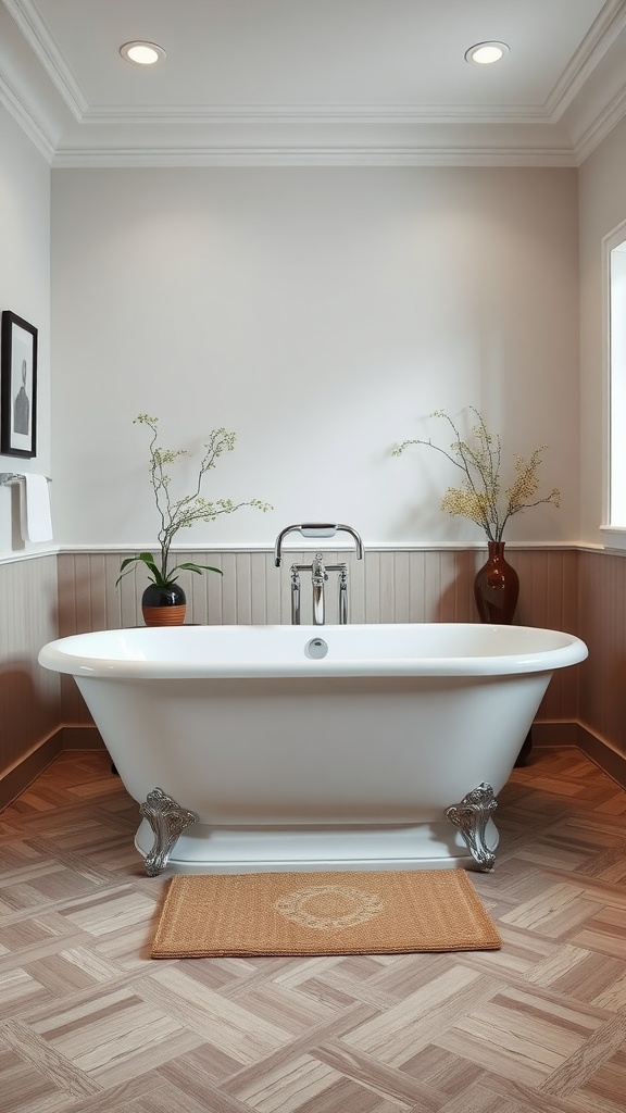 A chic freestanding bathtub in an elegant bathroom setting.